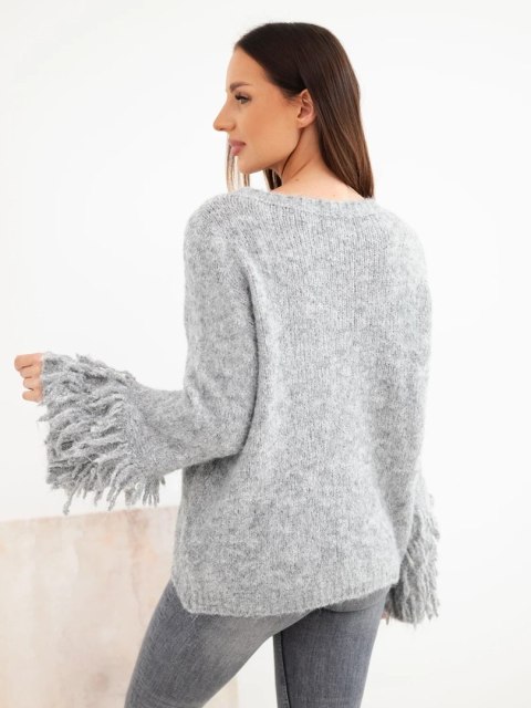 Sweter damski z frędzlami na rękawach i okrągłym dekoltem szary