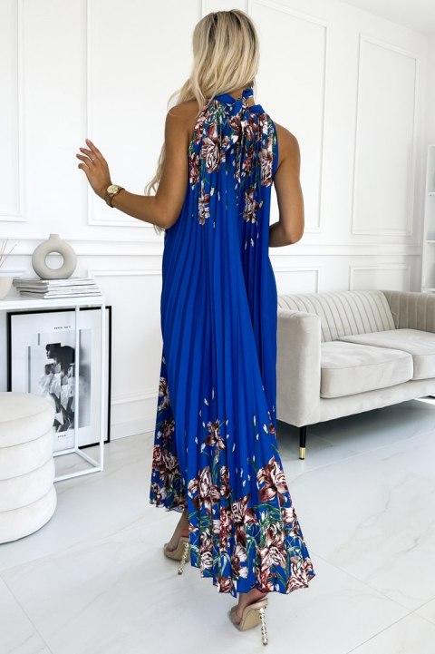 456-1 ESTER Plisowana satynowa sukienka maxi - CHABROWA W KWIATY Numoco basic