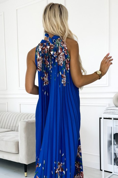 456-1 ESTER Plisowana satynowa sukienka maxi - CHABROWA W KWIATY Numoco basic