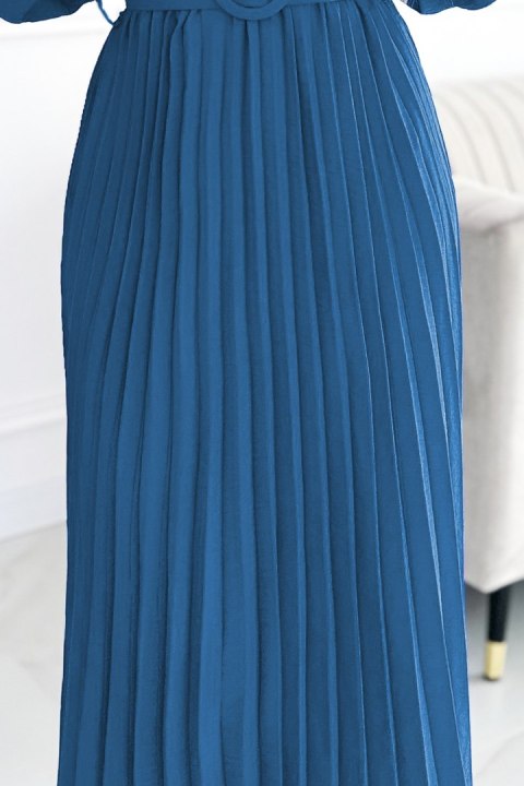 504-5 VIVIANA Plisowana sukienka midi z dekoltem, długim rękawkiem i szerokim paskiem - kolor JEANS Numoco basic