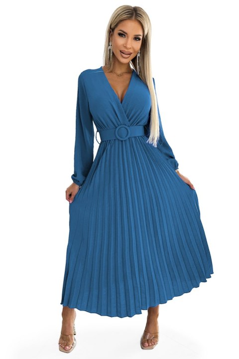 504-5 VIVIANA Plisowana sukienka midi z dekoltem, długim rękawkiem i szerokim paskiem - kolor JEANS Numoco basic