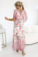 603-4 Zwiewna maxi sukienka z kopertowym dekoltem i kwiecistym wzorem - RÓŻOWE RÓŻE Numoco basic