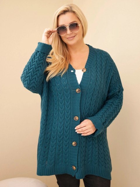 Kardigan damski Plus Size z guzikami i wzorem warkoczowym morski