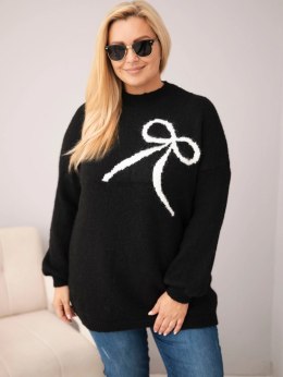 Sweter damski Plus Size z dodatkiem wełny z kokardą czarny