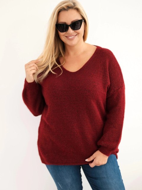 Sweter damski Plus Size z wełną z dekoltem V bordowy