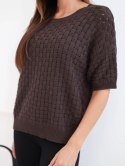 Sweter damski bawełniany ażurowy z krótkim rękawem brązowy