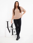 Sweter damski bawełniany ażurowy z krótkim rękawem camelowy