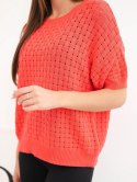 Sweter damski bawełniany ażurowy z krótkim rękawem malinowy
