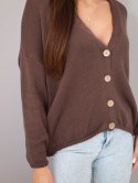 Sweter damski bawełniany oversize na guziki z dekoltem V brązowy