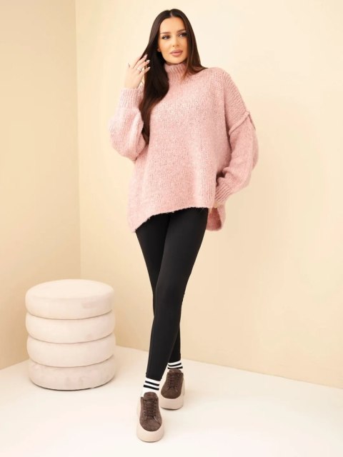 Sweter damski oversize z dodatkiem wełny z golfem i szerokimi rękawami ciemny pudrowy róż