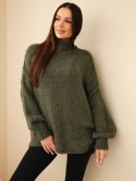 Sweter damski oversize z dodatkiem wełny z golfem i szerokimi rękawami khaki