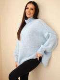 Sweter damski oversize z dodatkiem wełny z golfem i szerokimi rękawami niebieski