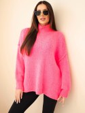 Sweter damski oversize z dodatkiem wełny z golfem i szerokimi rękawami różowy neon