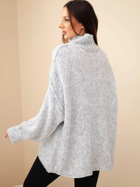 Sweter damski oversize z dodatkiem wełny z golfem i szerokimi rękawami szary