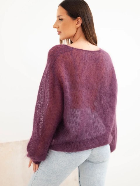 Sweter damski w 70% z kid moheru z dekoltem V o luźnym fasonie ciemny fioletowy