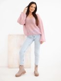 Sweter damski w 70% z kid moheru z dekoltem V o luźnym fasonie pudrowy róż