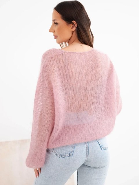 Sweter damski w 70% z kid moheru z dekoltem V o luźnym fasonie pudrowy róż