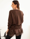 Sweter damski wiskozowy z koronkowym dołem i wiązaniem brązowy
