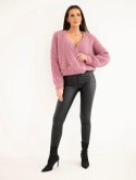 Sweter damski z moherem kopertowy z ozdobnymi guzikami ciemny różowy