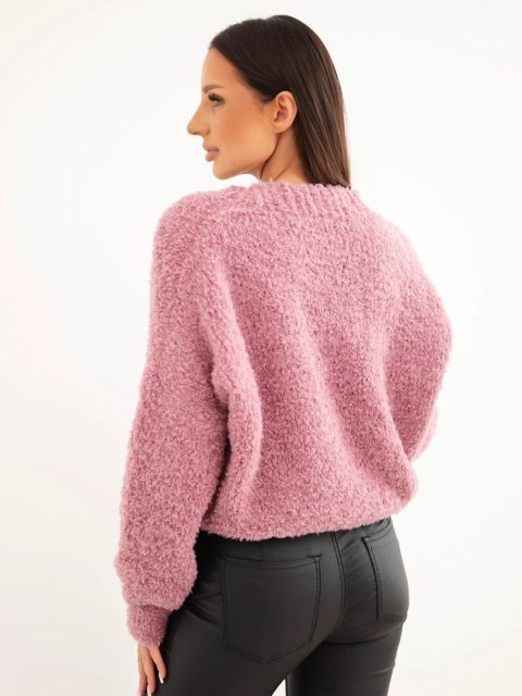 Sweter damski z moherem kopertowy z ozdobnymi guzikami ciemny różowy