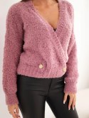 Sweter damski z moherem kopertowy z ozdobnymi guzikami ciemny różowy