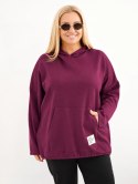 Bluza damska Plus Size masełko z kapturem i kieszenią kangurką śliwkowa
