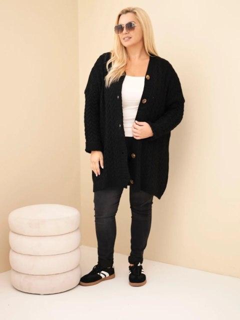 Kardigan damski Plus Size z guzikami i wzorem warkoczowym czarny