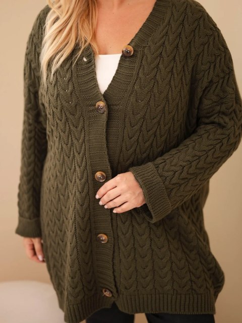 Kardigan damski Plus Size z guzikami i wzorem warkoczowym khaki