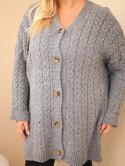 Kardigan damski Plus Size z guzikami i wzorem warkoczowym szary