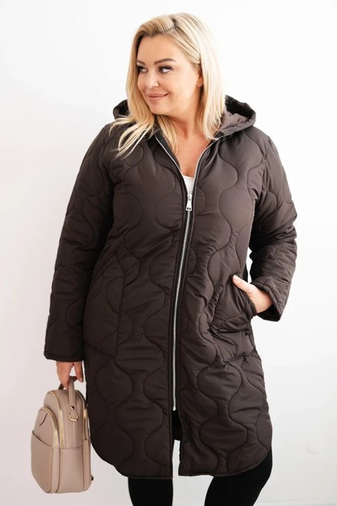 Kurtka damska Plus Size zimowa pikowana z kapturem brązowa