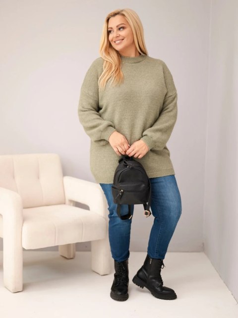 Sweter damski Plus Size o luźny kroju z długim rękawem khaki