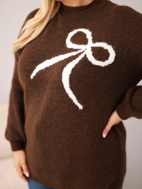 Sweter damski Plus Size z dodatkiem wełny z kokardą brązowy