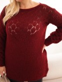 Sweter damski Plus Size z dzianiny ażurowy z długim rękawem bordowy