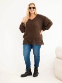 Sweter damski Plus Size z koronkowym dołem brązowy