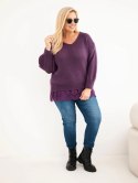 Sweter damski Plus Size z koronkowym dołem ciemnofioletowy