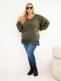 Sweter damski Plus Size z koronkowym dołem khaki
