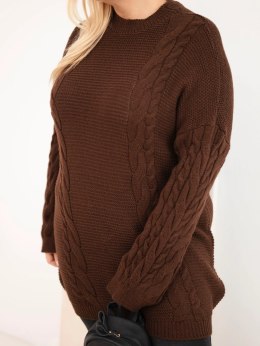 Sweter damski Plus Size z warkoczowym wzorem brązowy