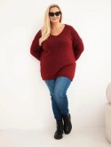 Sweter damski Plus Size z wełną z dekoltem V bordowy
