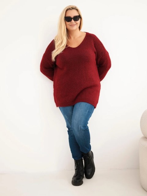 Sweter damski Plus Size z wełną z dekoltem V bordowy