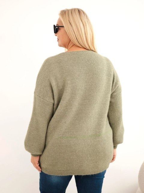 Sweter damski Plus Size z wełną z dekoltem V khaki