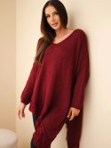 Sweter damski z dodatkiem wełny asymetryczny z koronką bordowy