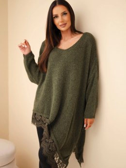Sweter damski z dodatkiem wełny asymetryczny z koronką khaki