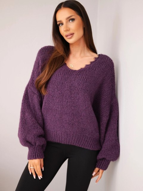 Sweter damski z dodatkiem wełny luźny fason ciemny fioletowy