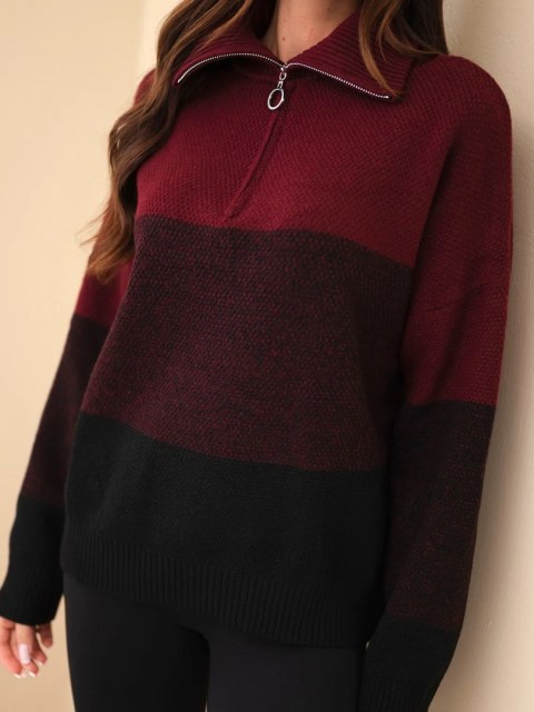 Sweter damski z dodatkiem wiskozy z golfem i zamkiem bordowy