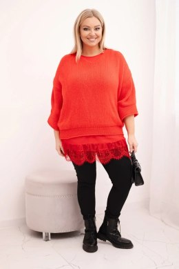 Komplet damski sweter z dekoltem V i bluzka wiskozowa z koronkowym dołem czerwony