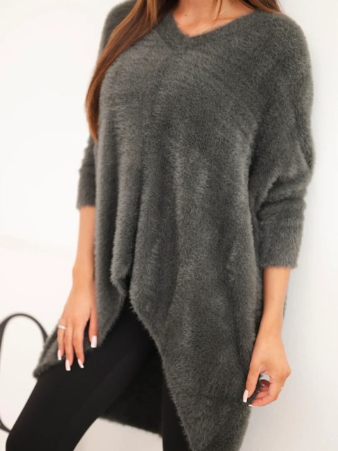 Sweter damski Plus Size z dekoltem V grafitowy