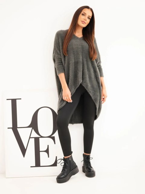 Sweter damski Plus Size z dekoltem V grafitowy