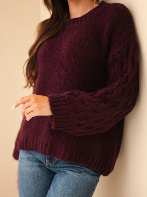 Sweter damski z ażurowymi rękawami śliwkowy