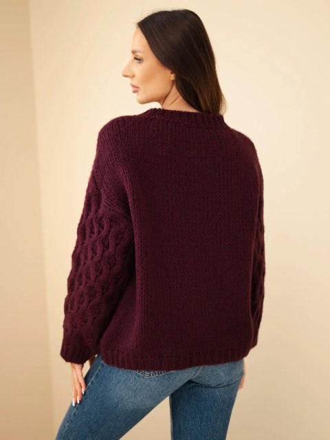 Sweter damski z ażurowymi rękawami śliwkowy
