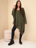 Sweter damski z dodatkiem wełny asymetryczny z koronką khaki